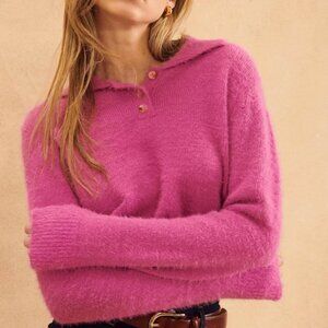 John + Jenn Clarke Polo Knit Sweater Fuzzy Petal Pink Boxy Cropped